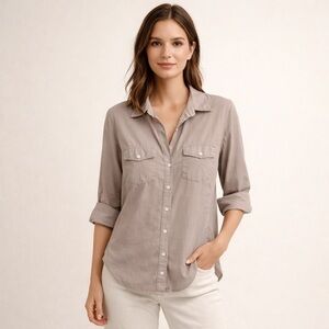 James Perse Standard Shirt Taupe Button Front Cotton Utility Top Large Casual